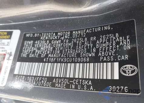 2012 Toyota Camry Se z USA, uszkodzony, nr VIN 4T1BF1FK9CU109068